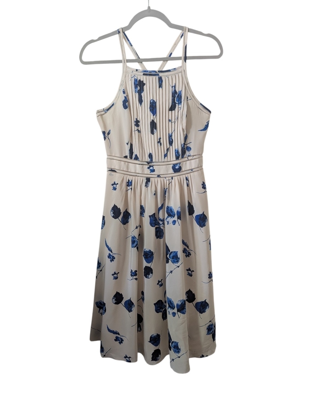 Club Monaco Silk Floral Print Pleated Midi Dress In Cream and Blue